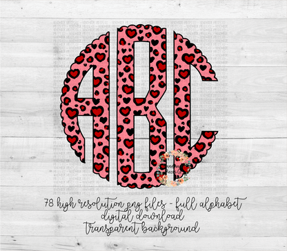 Leopard Hearts Monogram, Red/Pink - Multiple Styles - Digital Download