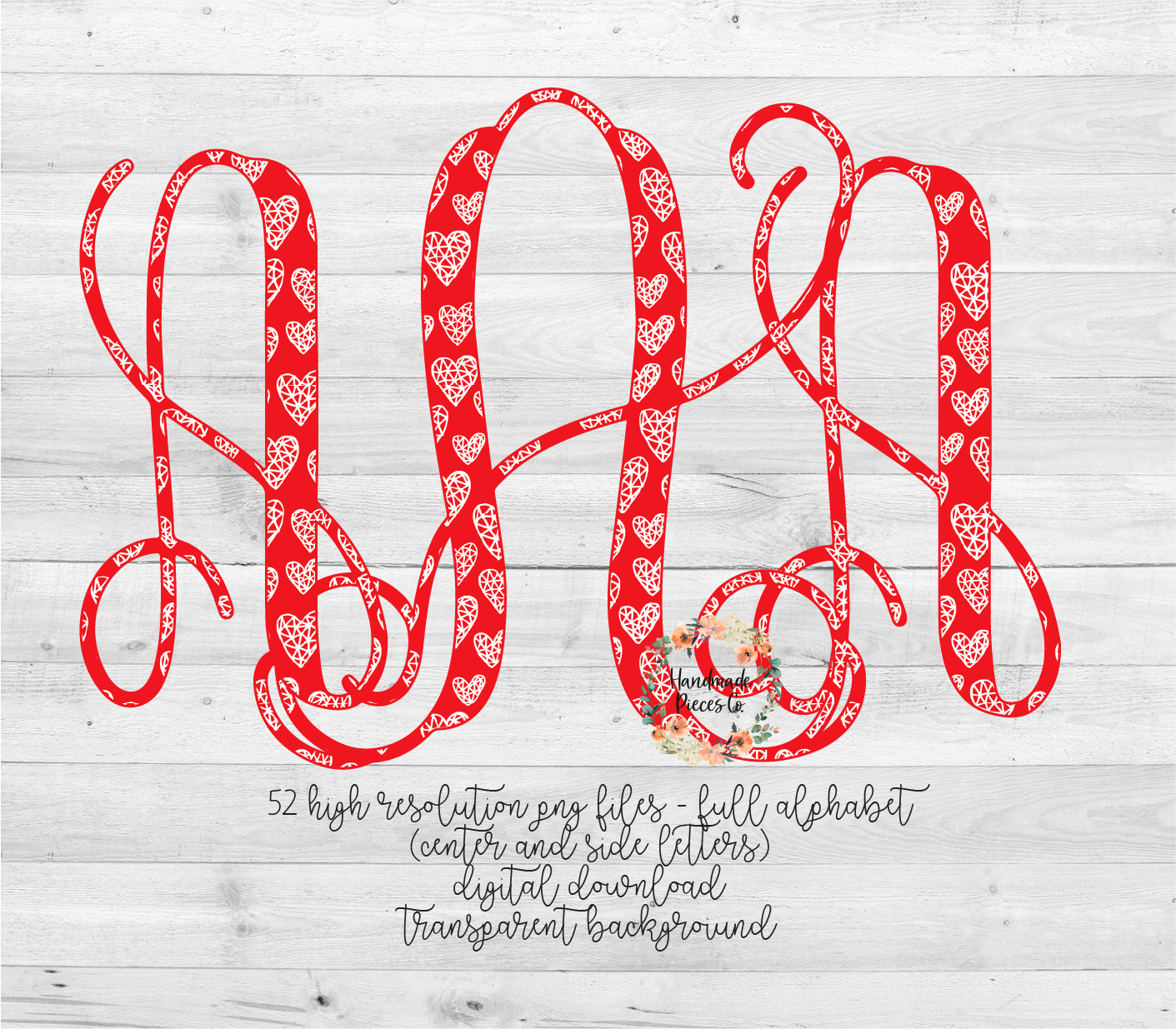 Valentine's Day, 3D Hearts, Red Monogram - Multiple Styles - Digital Download
