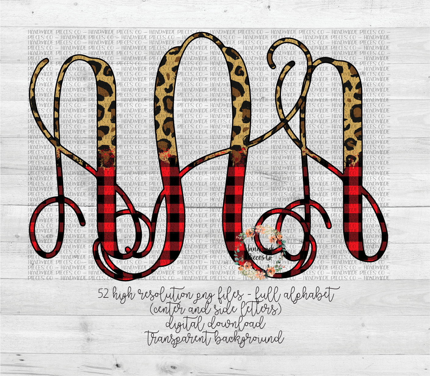 Leopard and Red Buffalo Plaid Split Monogram 1 - Multiple Styles - Digital Download