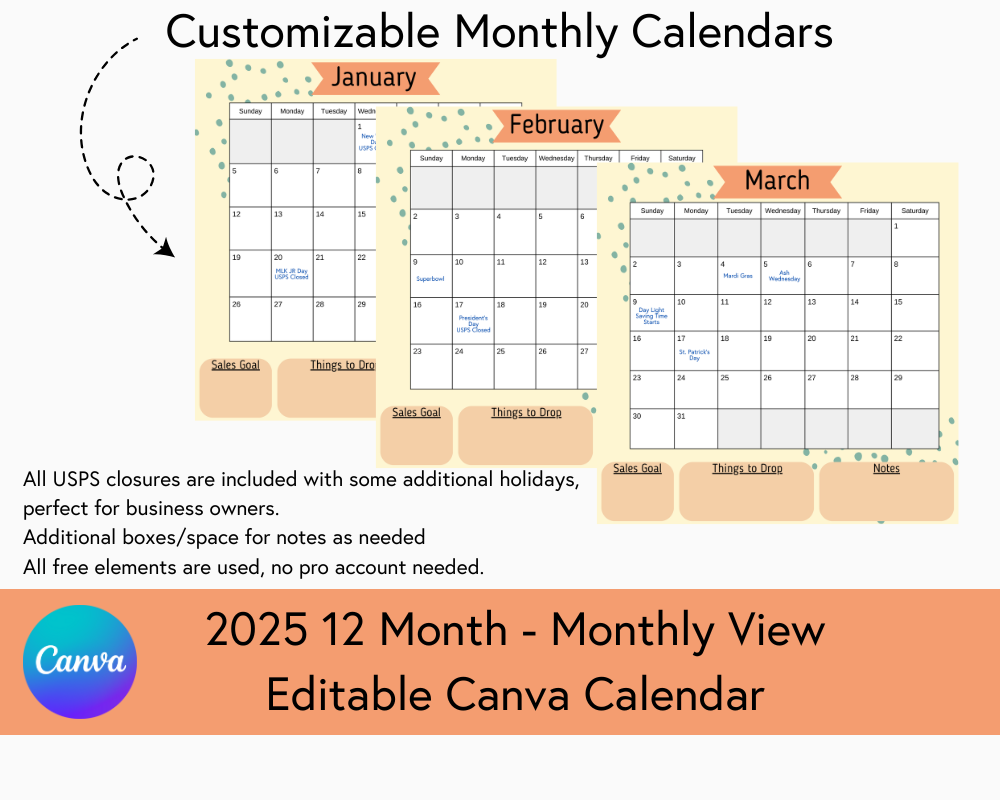 2025 12 Month Calendar - Monthly View - Canva Template