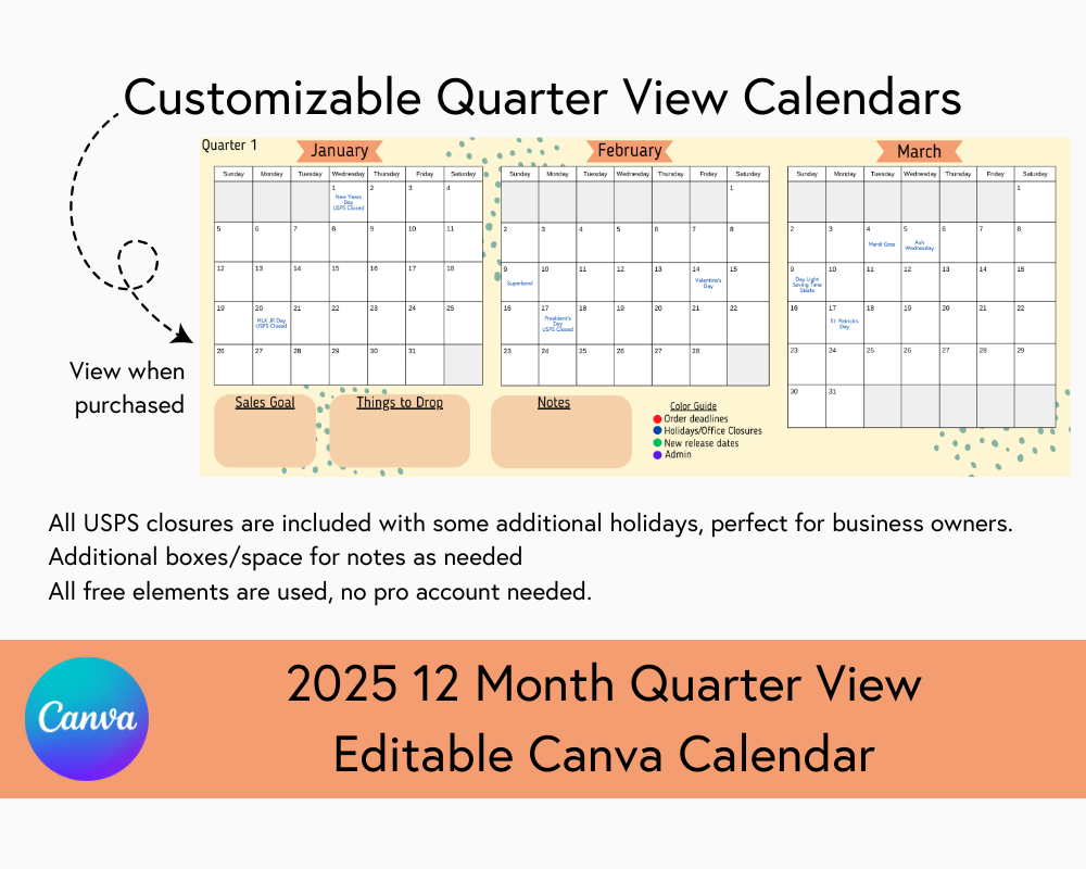 2025 12 Month Calendar - Quarter View - Canva Template