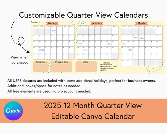 2025 12 Month Calendar - Quarter View - Canva Template