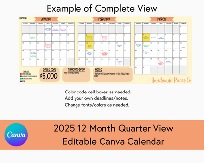 2025 12 Month Calendar - Quarter View - Canva Template