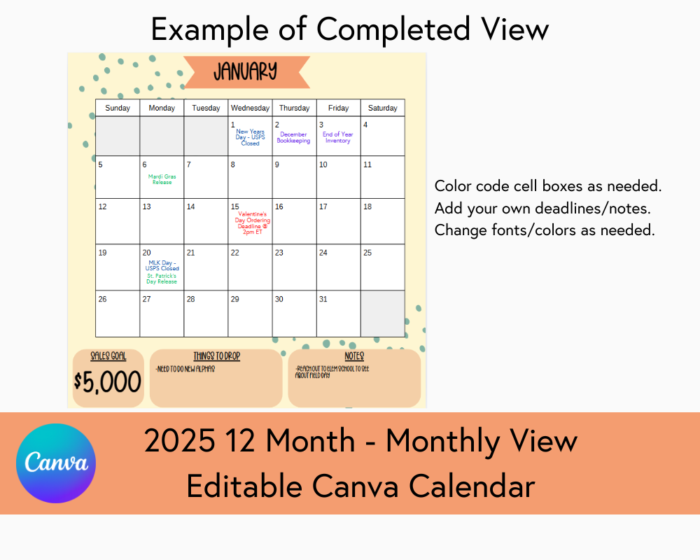 2025 12 Month Calendar - Monthly View - Canva Template