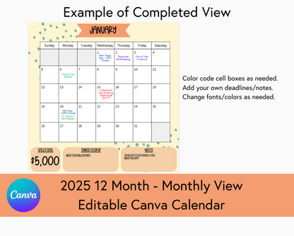 2025 12 Month Calendar - Monthly View - Canva Template