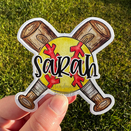 Softball with Bats, Name - Vinyl Sticker