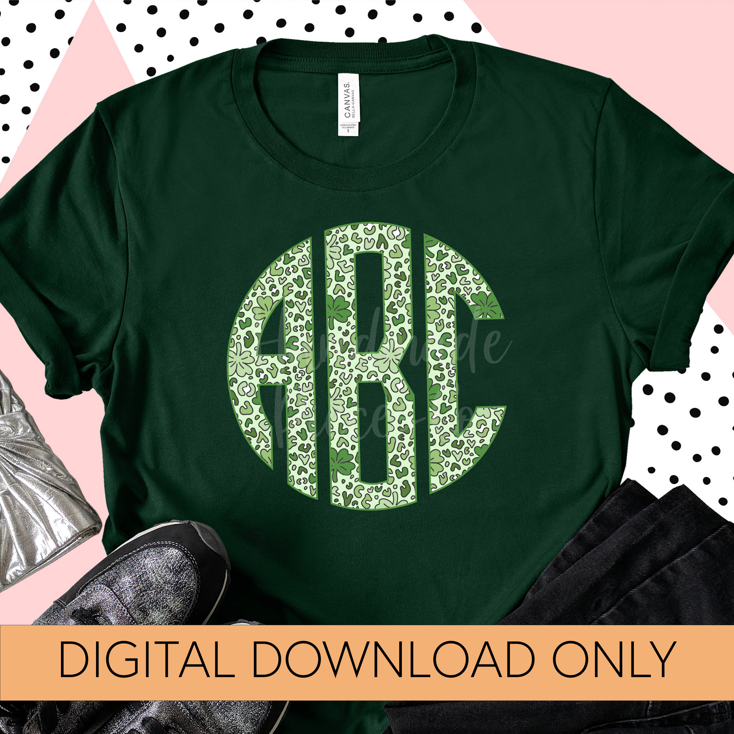 St. Patrick's Day Monogram, Green Leopard and Shamrocks - Multiple Styles - Digital Download