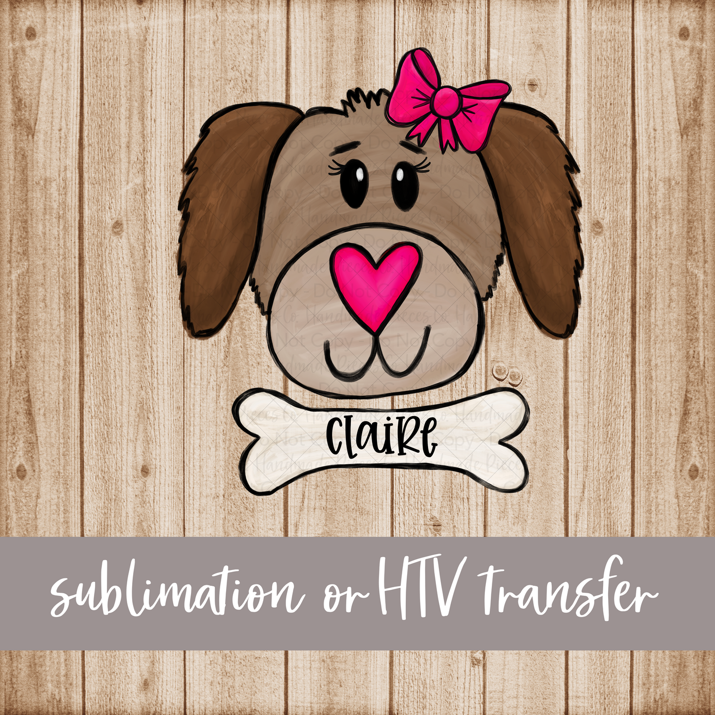 Valentine's Puppy, Bow with Bone and Name - Sublimation or HTV Transfer