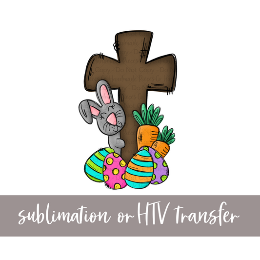 Pink Bunny with Cross, Easter - Sublimation or HTV Transfer