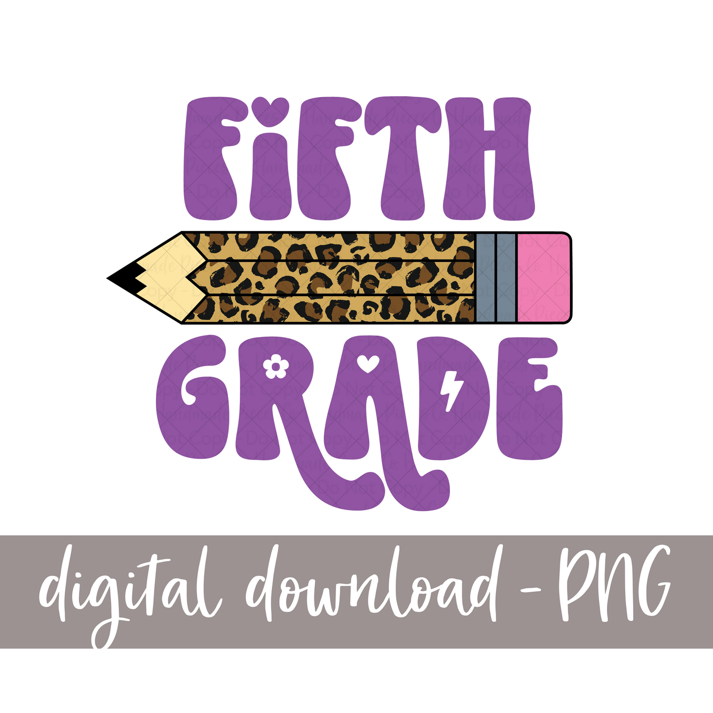 Fifth Grade, Pencil - Leopard (Retro Font)