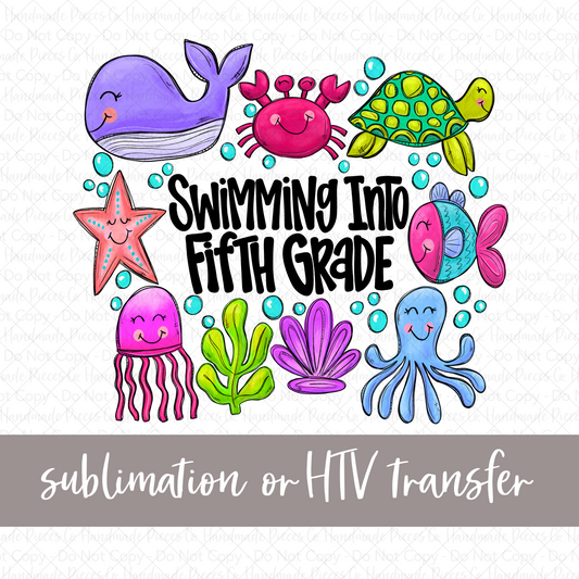 Swimming into Fifth Grade, Pink/Purple - Sublimation or HTV Transfer