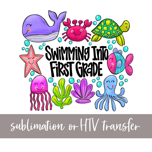 Swimming into First Grade, Pink/Purple - Sublimation or HTV Transfer