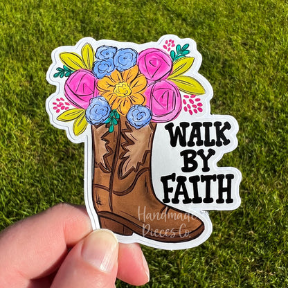 Floral Boot, Walk By Faith  - Vinyl Sticker