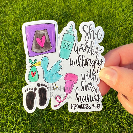 Ultrasound Tech, She Works Willingly - Vinyl Sticker