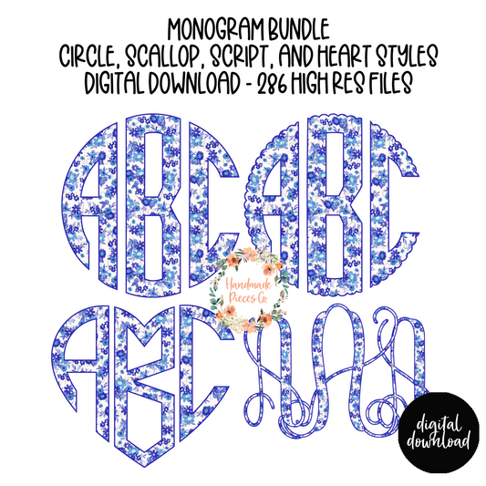 Watercolor Blue Dainty Floral Monogram - Multiple Styles - Digital Download