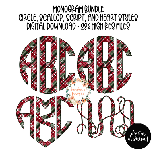 Christmas Monogram, Plaid with Snowflakes - Multiple Styles - Digital Download