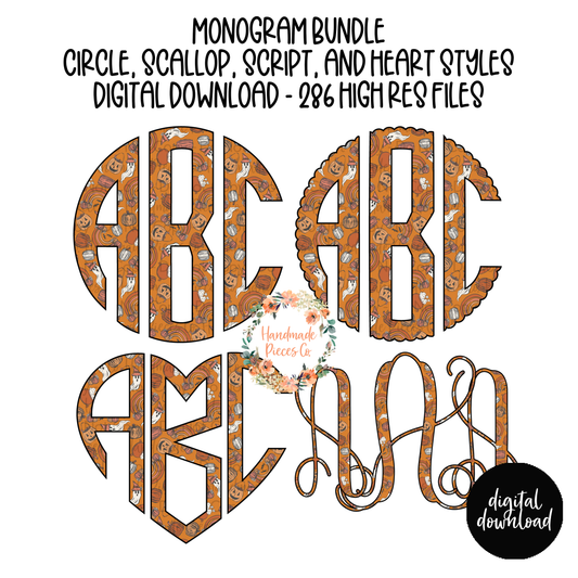 Halloween Doodles, Orange Monogram - Multiple Styles - Digital Download