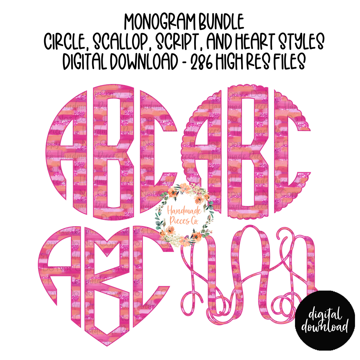 Pink Brushstrokes Monogram - Multiple Styles - Digital Download