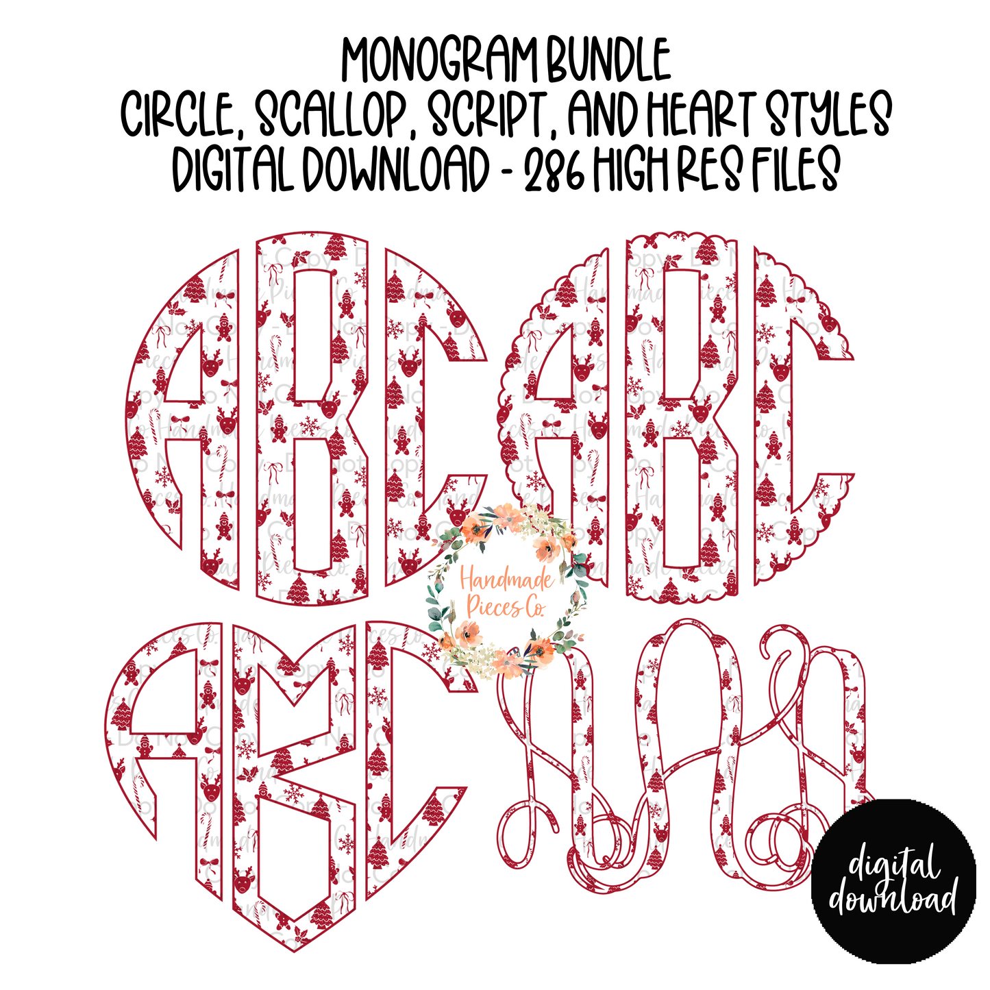 Christmas Monogram. Doodles - Multiple Styles - Digital Download