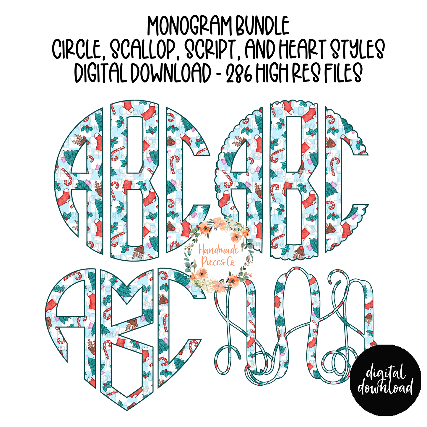 Christmas Monogram, Doodles Version 3 - Multiple Styles - Digital Download