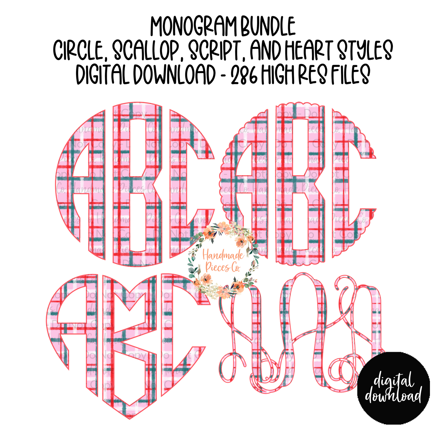 Christmas Monogram, Pink Plaid - Multiple Styles - Digital Download