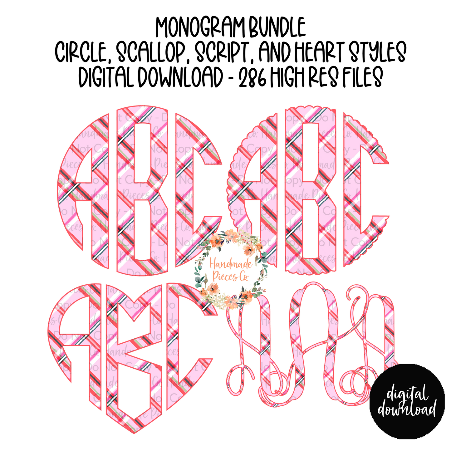 Christmas Monogram, Pink Plaid Diagonal - Multiple Styles - Digital Download