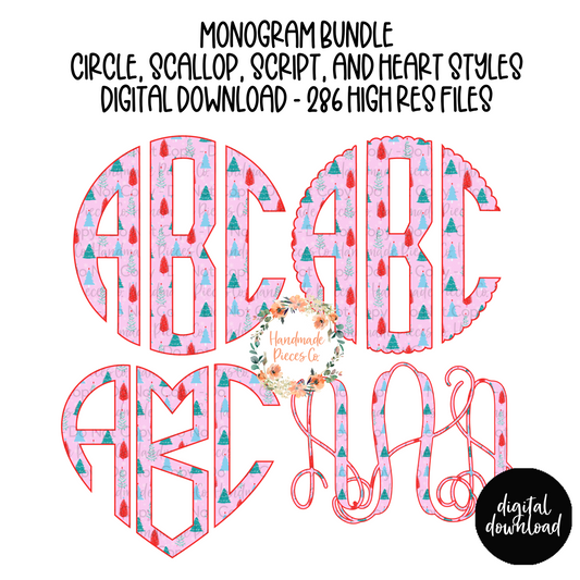 Christmas Monogram, Pink Trees - Multiple Styles - Digital Download