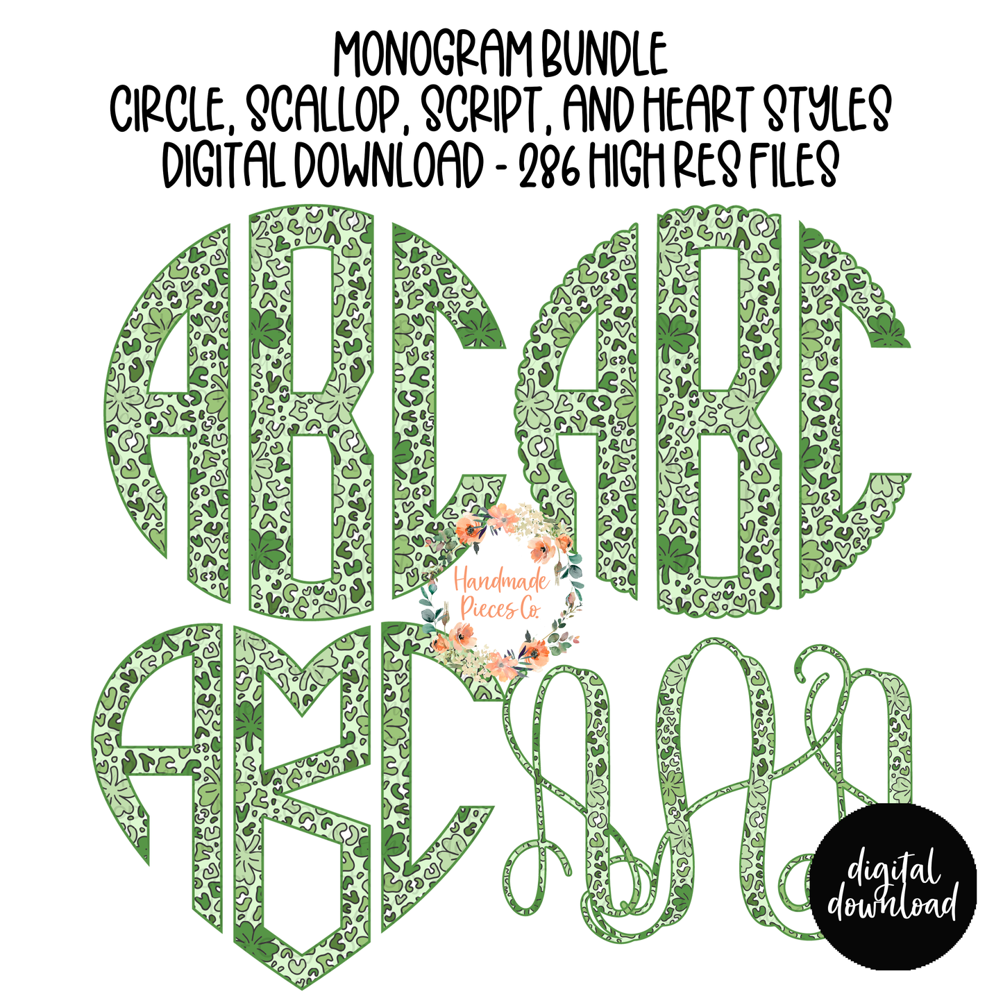 St. Patrick's Day Monogram, Green Leopard and Shamrocks - Multiple Styles - Digital Download