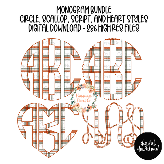 Christmas Plaid Monogram, Red and Green with Red Outline - Multiple Styles - Digital Download