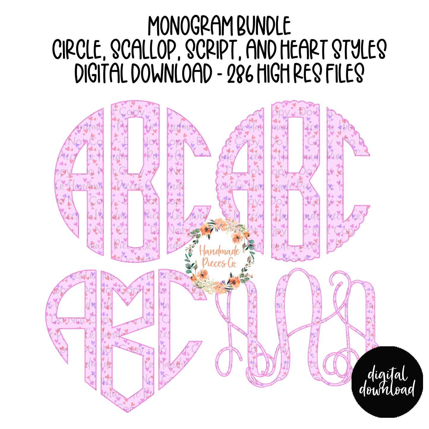 Pink Hearts Monogram - Multiple Styles - Digital Download