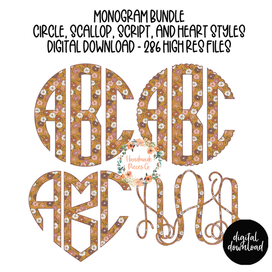 Flower Bloom Monogram, Mustard - Multiple Styles - Digital Download