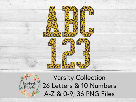 Leopard and Sunflower - Alpha and Number Set, Varsity Collection - Digital Download