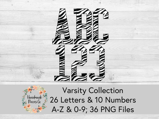 Zebra, White and Black -Alpha and Number Set, Varsity Collection - Digital Download