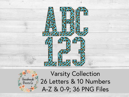 Leopard, Turquoise and Gold Glitter - Alpha and Number Set, Varsity Collection - Digital Download