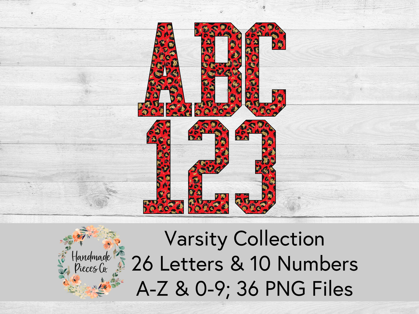 Leopard, Red and Gold Glitter - Alpha and Number Set, Varsity Collection - Digital Download