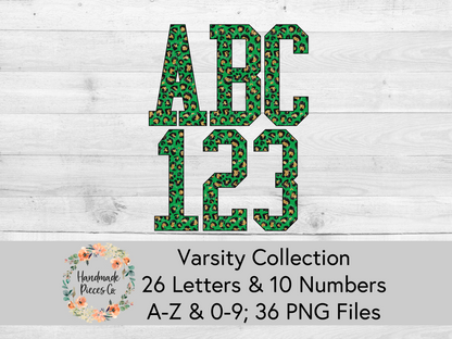 Leopard, Green and Gold Glitter - Alpha and Number Set, Varsity Collection - Digital Download