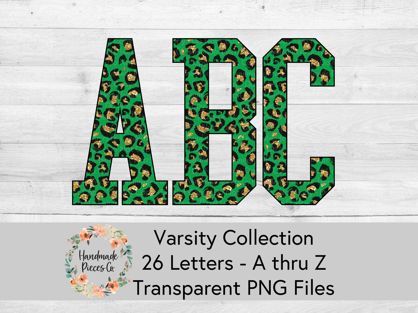 Leopard, Green and Gold Glitter - Alpha and Number Set, Varsity Collection - Digital Download