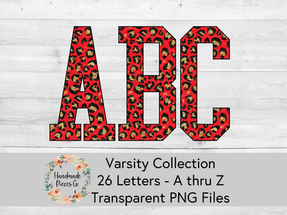 Leopard, Red and Gold Glitter - Alpha and Number Set, Varsity Collection - Digital Download