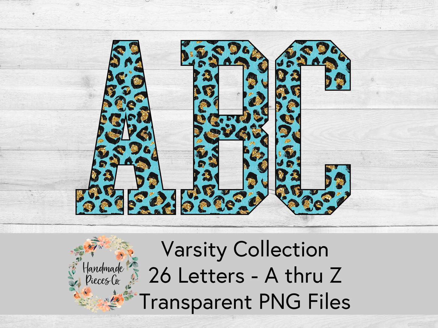 Leopard, Turquoise and Gold Glitter - Alpha and Number Set, Varsity Collection - Digital Download