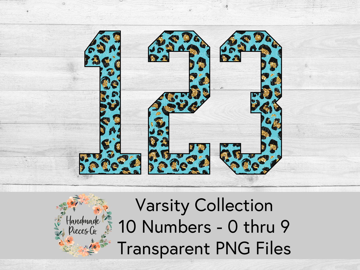 Leopard, Turquoise and Gold Glitter - Alpha and Number Set, Varsity Collection - Digital Download