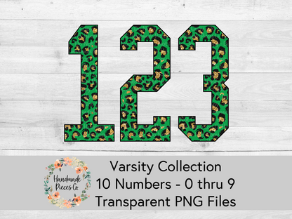 Leopard, Green and Gold Glitter - Alpha and Number Set, Varsity Collection - Digital Download