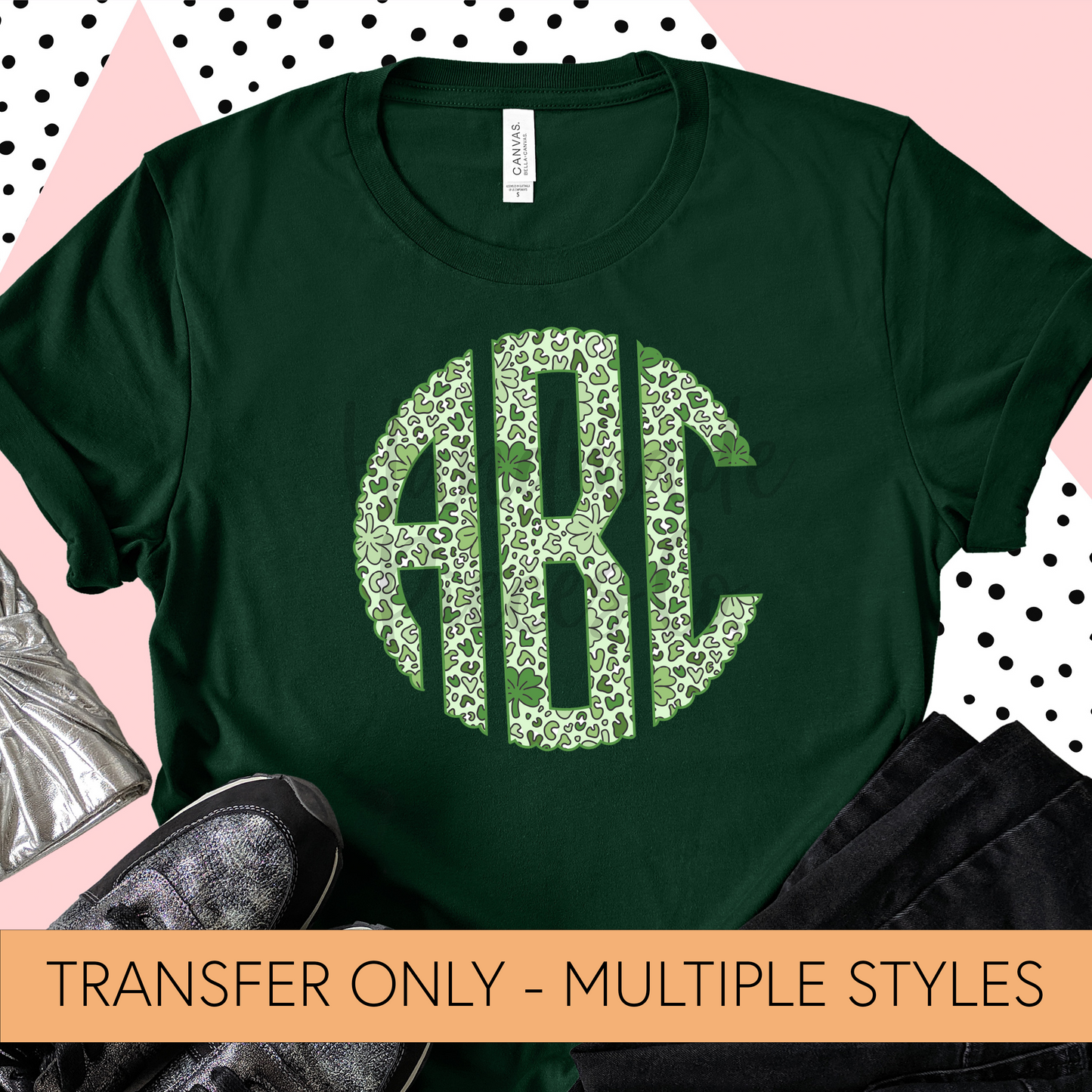 St. Patrick's Day Monogram, Green Leopard and Shamrocks - Sublimation or HTV Transfer