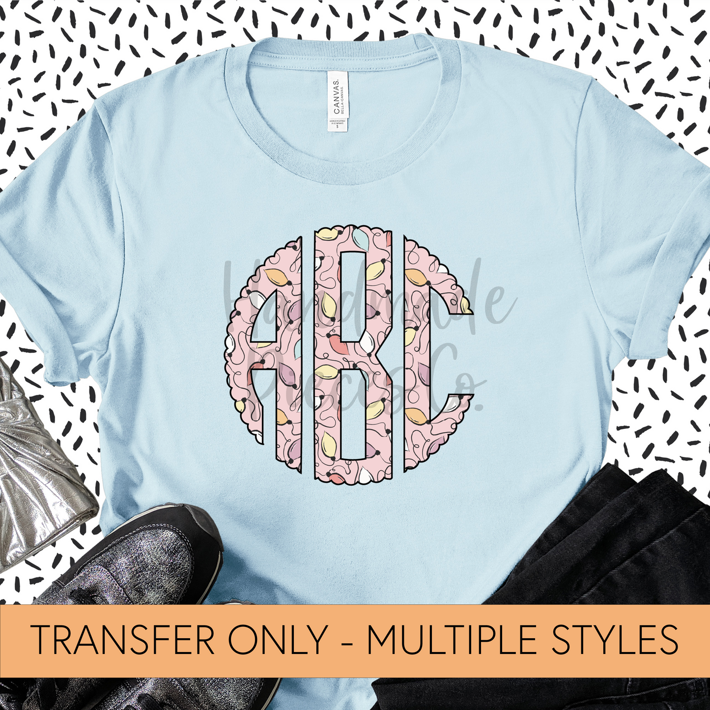 Christmas Lights, Pink Monogram - Sublimation or HTV Transfer