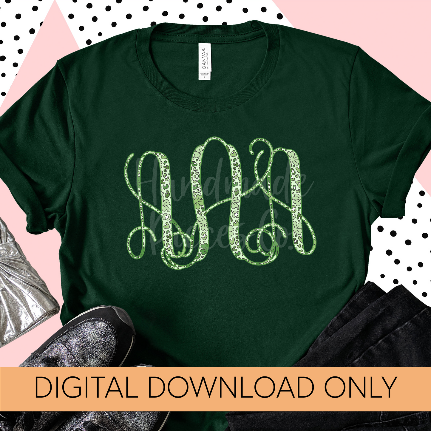 St. Patrick's Day Monogram, Green Leopard and Shamrocks - Multiple Styles - Digital Download