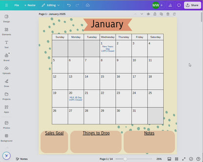 2025 12 Month Calendar - Monthly View - Canva Template