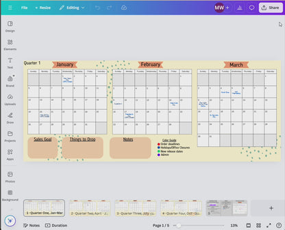 2025 12 Month Calendar - Quarter View - Canva Template