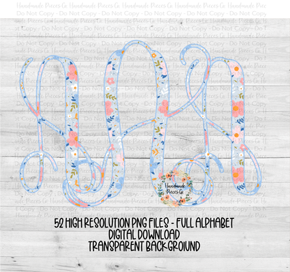 Colorful Garden Monogram, Light Blue - Multiple Styles - Digital Download