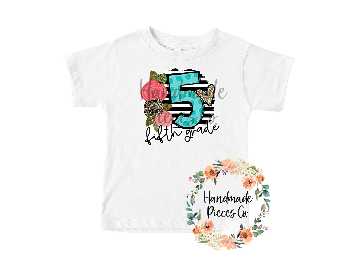 Fifth Grade, Black Stripes with Florals - Sublimation or HTV Transfer