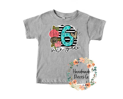 Sixth Grade, Black Stripes with Florals - Sublimation or HTV Transfer