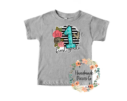 First Grade, Black Stripes with Florals - Sublimation or HTV Transfer